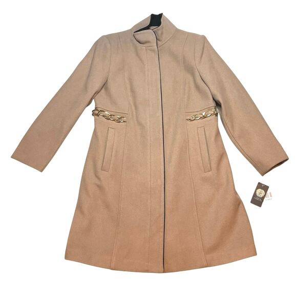 Vince Camuto Camel Wool Coat L NWT | Chain Detail Stand Collar Overcoat - Picture 4 of 10